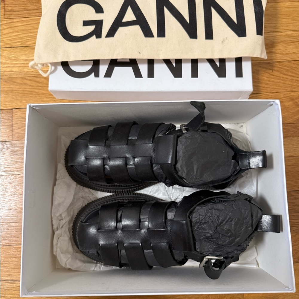 Ganni Black Leather Platform Fisherman Sandal - Size 38